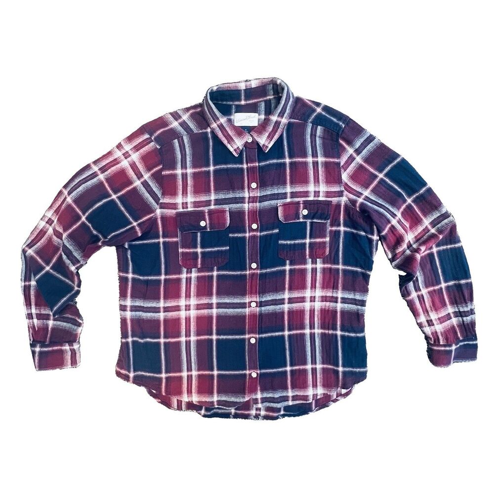 Universal Thread XL Longsleeve Plaid Shirt Cotton Pockets Burgundy Blue Autumn